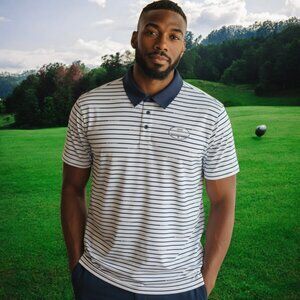 NWT EASTSIDE GOLF (MED) Striped Signature Polo Midnight Navy/Cool Gray